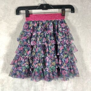 Mini Boden Blue Floral Tulle Midi Skirt Size 3/4 Metallic Waist Tiered Spring